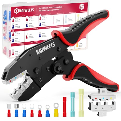KAIWEETS Crimping Tool for Heat Shrink/Insulated Electrical Connectors AWG 22-10, Wire Crimper with 2 Rapid Replacement Jaws and 210pcs Terminals, Ratchet Crimper with Adjustable Crimping Regulator