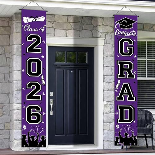 Image of Graduation Banner Class of 2026, Purple Graduation Decorations 2026 Porch Banner, Congrats Grad Decorations for Door and Porch Party Supplies
