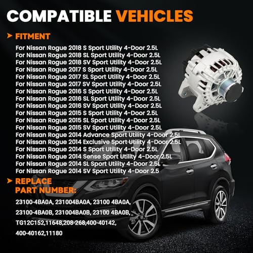 Image of 120A High Output Alternator Compatible with Nissan Rogue S SL SV Sport Utility 2.5L 2014-2018, Replace 11648 23100-4BA0A 23100-4BA0B TG12C152