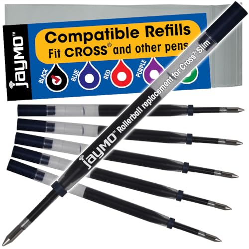 Jaymo Replacement for Cross Slim 8910-1 - Measures 4 in / 102 mm Long - Gel Rolling Ball Pen Refill - 6 Black