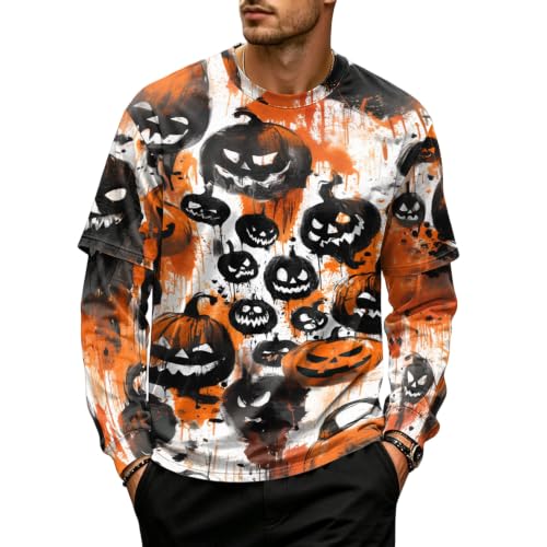 Halloween Long Sleeve Tshirts Shirts for Men Faux 2-Piece Pullover Top
