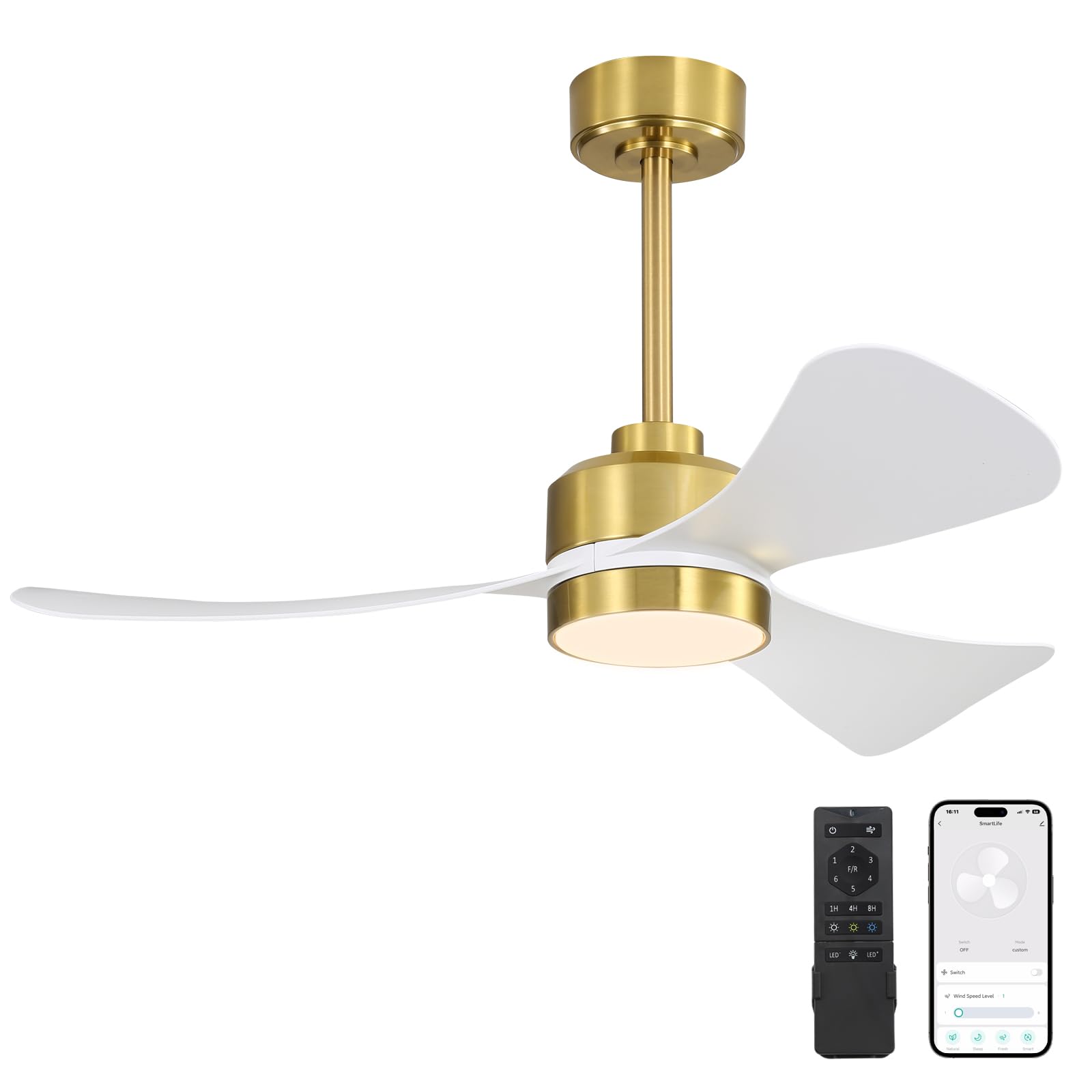 WINGBO 42" Smart Ceiling Fan with Lights and Remote, 3 ABS Blades, 6 Speeds Reversible DC Motor, Works with Alexa and Google Assistant, Dimmable DC Ceiling Fan for Bedroom Living Room, Brass and White