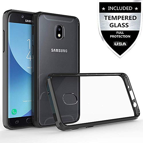 Galaxy J3 2018/J3 Achieve/J3 Star/Express Prime 3/Amp Prime 3/Sol 3/J3 V 3rd Gen/J3 Orbit Phone Case with Tempered Glass Screen Protector,IDEA LINE Bumper Premium Clear Slim Fit - Black