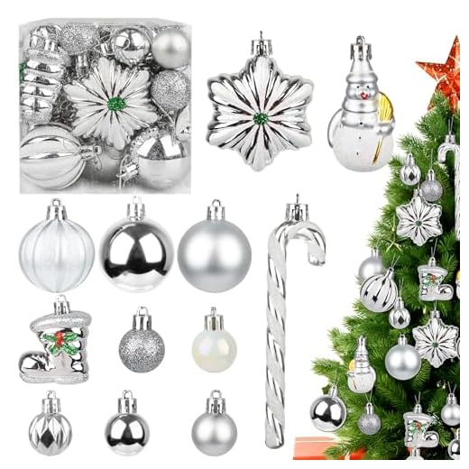 34 Stücke Weihnachtskugeln Set, Kunststoff Christbaumkugeln Silber Weihnachtsdeko Kugeln 13/8/6/3cm Weihnachtsbaumkugeln Bruchsichere Plastikkugel Christbaumschmuck Weihnachten Dekoration (Silber)