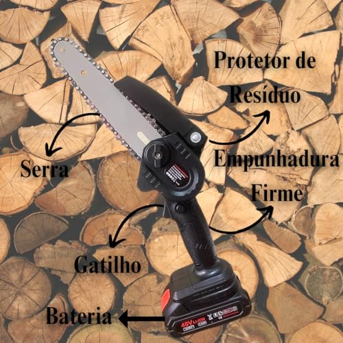 Motosserra Elétrica Portátil à Bateria 6 Polegadas de Mão – Bateria Recarregável, Bivolt, Mini Motos