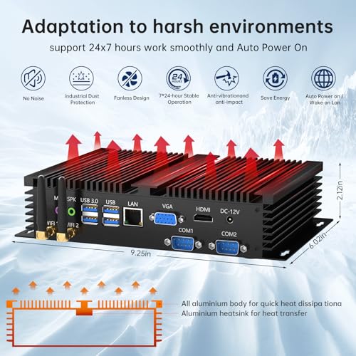 Image of Fanless Mini PC, Industrial Desktop Computer i7-1165G7 Upto 4.7GHz, Windows 11 Pro, 32G DDR4, 1T NVME SSD, 2xCOM RS232, HDMI /VGA Support 4K, Gigabit Ethernet, WiFi6, BT5.1, Full Metal Case