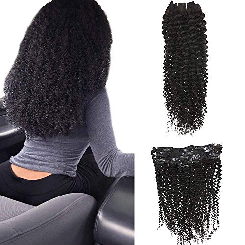 Clip in Hair Extensions Human Hair 16 Inch Kinky Curly Clip in Hair Extensions Color Natural Black 100 Gram Full Head for Black Women 7 Pcs