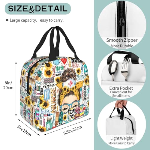 Nurse Lunch Bags For Women, Nurse Theme Lunch Bag For Women, Sunflower Woman Insulated Lunch Box Tote Bag Reusable Cooler Lunch Box For Nurse Gifts For Office Work Picnic Travel Camping - Image 4