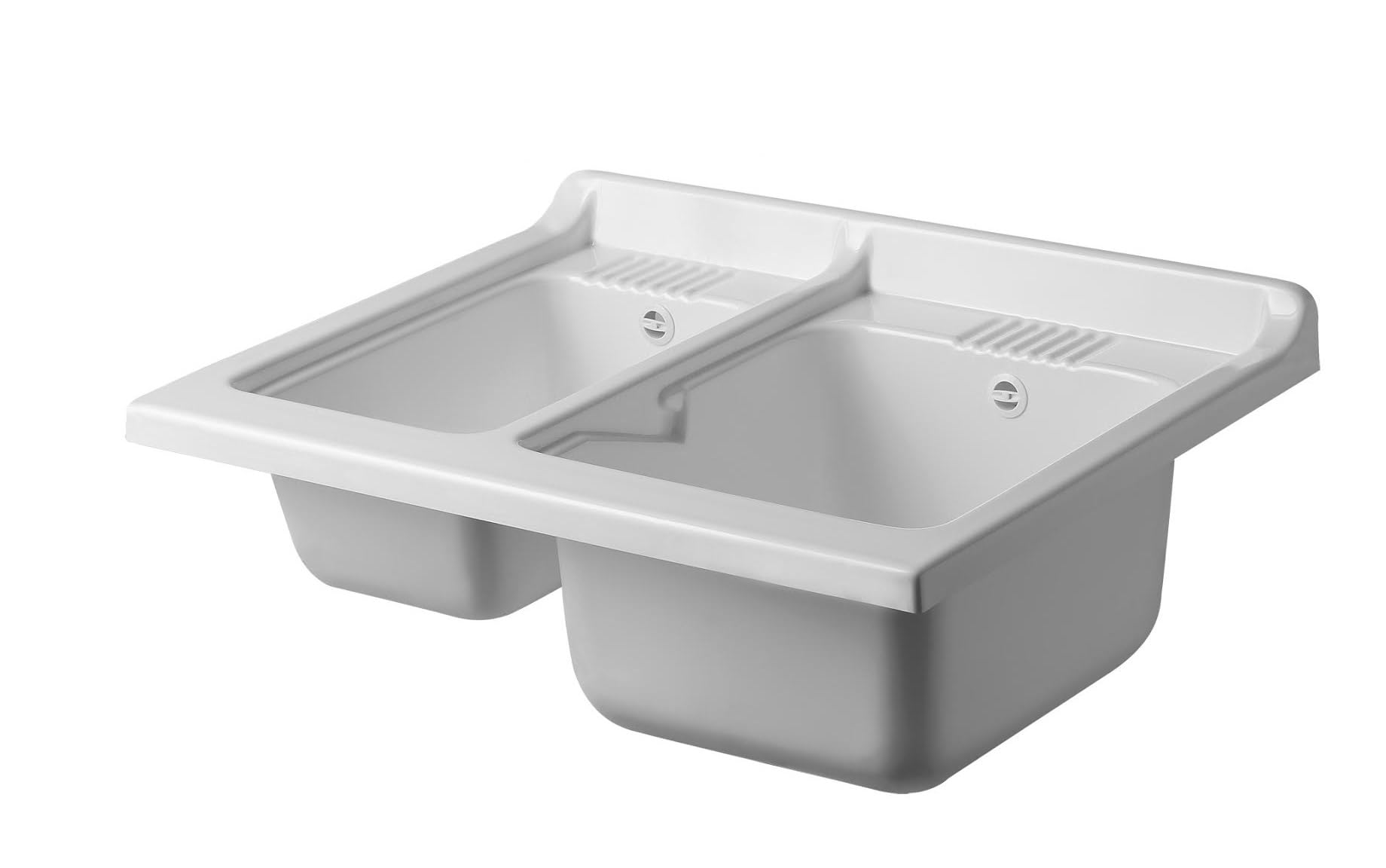Negrari Bi-Vasca ad appoggio in termoformato per Lavatoio, Resistente all'umidità, Resistente agli acidi di uso comune, Kit di scarico incluso, Interno e Esterno, L75 x P60 x H30 cm, Bianco