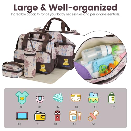 Image of Moclever 5Pcs Baby Nappy Diaper Bags Set-Baby Bags for Mom,Waterproof Maternity Bags with Bottle Bag,Food Bag&Changing Pad For Mom Dad