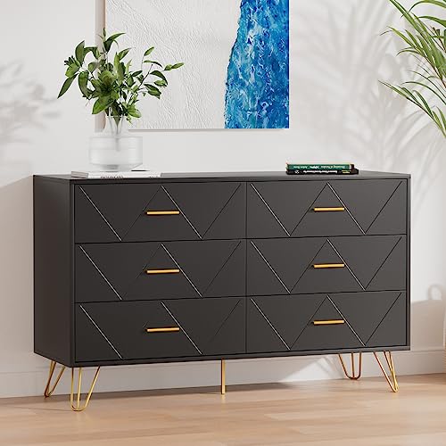LYNSOM Dresser, Black Dresser for Bedroom with Gold Pulls and Legs, Modern 6 Drawer Double Dresser, Minimalist Bedroom Furniture LYNSOM Dresser, Black Dresser for Bedroom with Gold Pulls and Legs, Modern 6 Drawer Double Dresser, Minimalist Bedroom Furniture