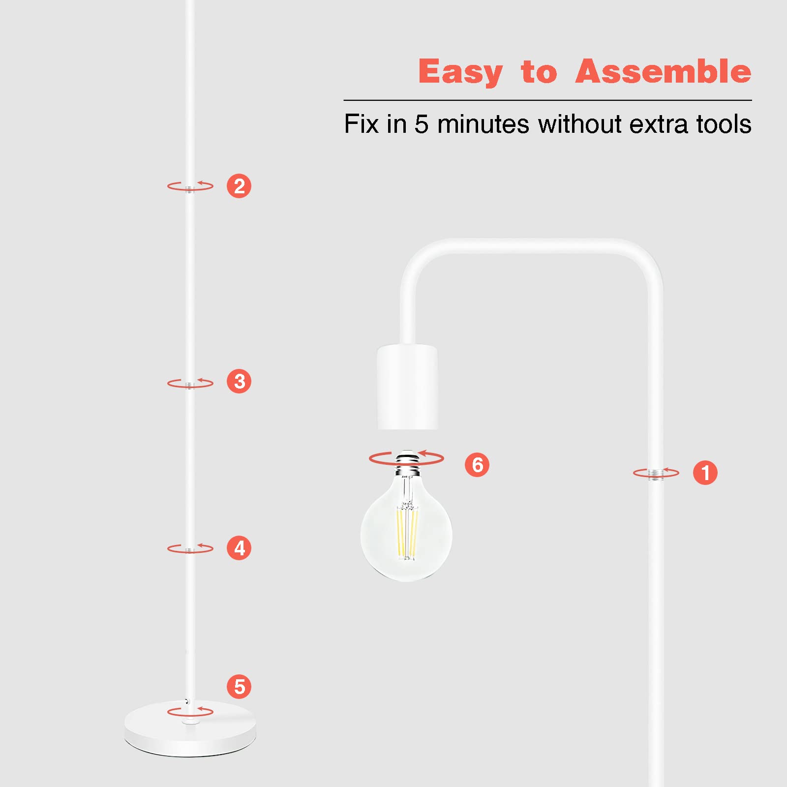 BBHome Lampadaire rétro incurvé en métal minimaliste avec interrupteur à pied pour chambre à coucher, salon, lecture, bureau I 165 cm I E27 (blanc)