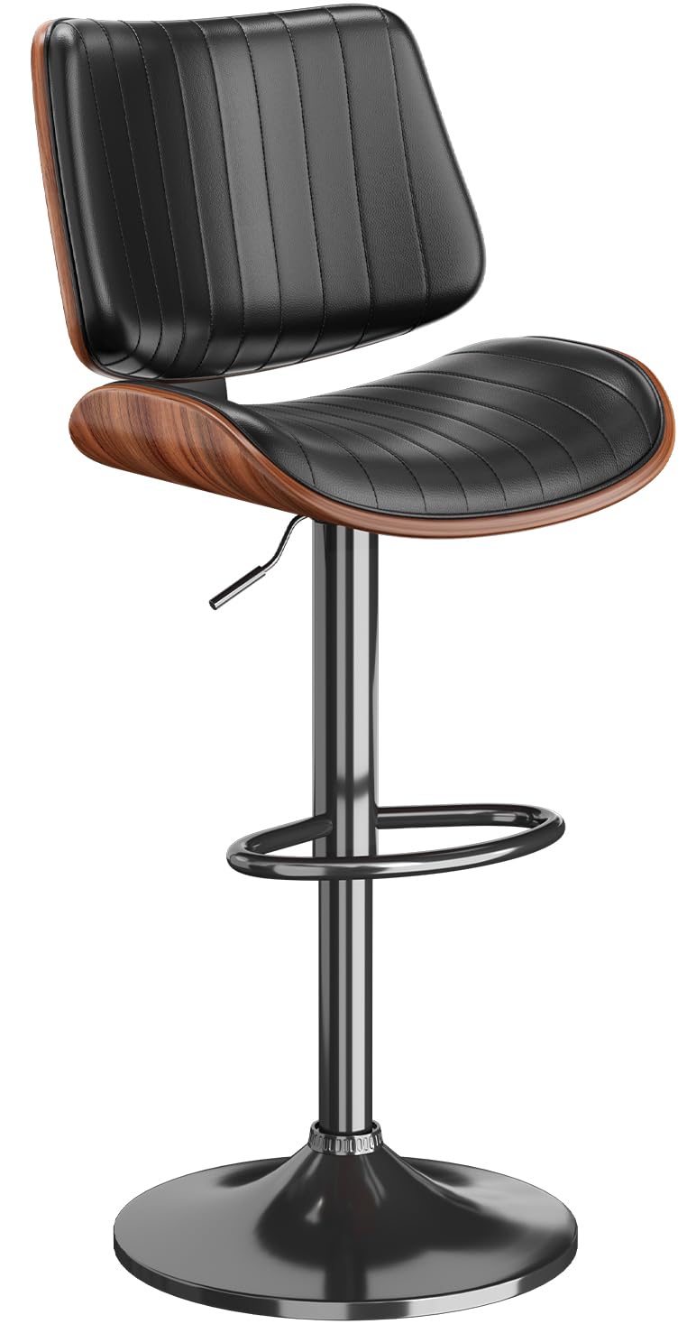 REONEY Swivel Bar Stools Set of 1, Adjustable Bentwood Barstools for Kitchen Counter, Modern PU Leather Upholstered Bar Chair with Back and Footrest,