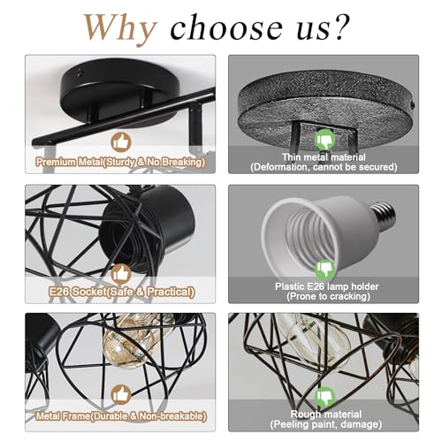Image of 2 Lights Adjustable Multi-Directional Black Light Fixtures, Semi Flush Mount Ceiling Light, Kitchen Light Fixtures Ceiling Mount, Geometric Metal Cage Industrial Spotlight Fixtures for Dining Room