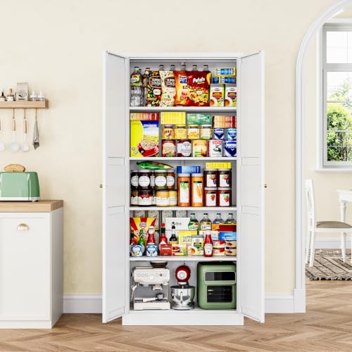 Image of Letaya White Storage Cabinet with Adjustable Shelves-Metal Home Kitchen Pantry Cabinets with Doors,Organization Locker for Cupboard /Bedroom /Dining /Living /Bathroom /Office /Garage Room
