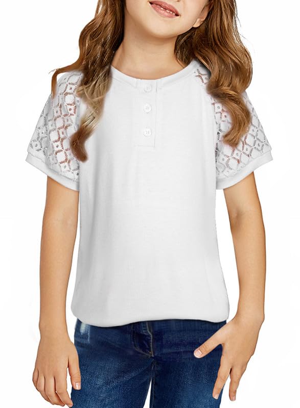 Image of DOKOTOO KIDS Girls Fashion Lace Short Sleeve Shirts Casual Button Crewneck Blouses Tops 6-15 Years