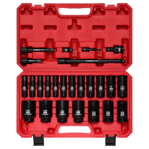 CASOMAN 25 PCS 1/2" Drive Deep Impact Socket Set with Case, 6 Point, 3/8" - 1-1/2", SAE, Include Extension Bars, Socket Adapter, Drill Adapter and Universal Joint 25-Piece (3/8" - 1-1/2")