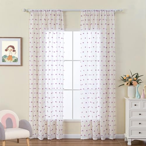 Image of MYSKY HOME Purple Pom Pom White Sheer Curtains for Bedroom 72 Inch 2 Panels | for Girls Room Baby Nursery, for Closet Doorway, Light Filtering, Rod Pocket, Semi Sheer White Window Drapes, 50 x 72 inch