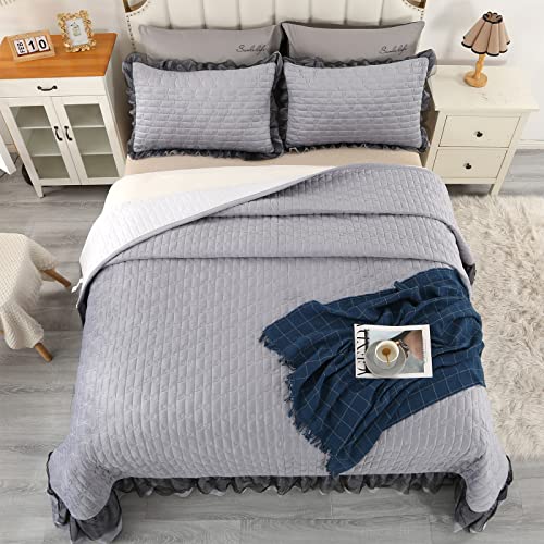 Qucover Gray Velvet Bedspread Quilt Set, Luxury Velvet Quilted Coverlet Queen Size With Black Lace Ruffle, 3-Piece Soft Velvet Bedding Set With Pillow Shams, Decorative Queen Size Bed Coverlet Set #TOP1