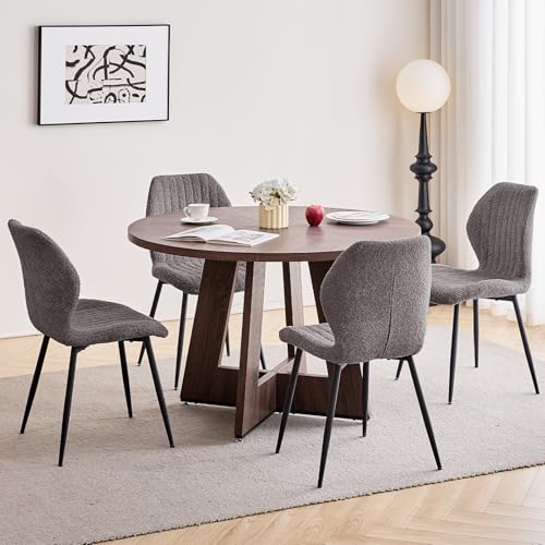 Image of 47 inch Round Dining Table Set for 4, Kitchen Table and Chairs | Wooden Cross Base, Boucle Fabric Chair, for Apartment
