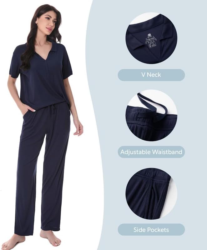 DAVID ARCHY Viscose from Bamboo Pajamas Set for Women Soft Ribbed Knit 2 Piece Lounge Set Cooling Pajamas with V-Neck - Image 6