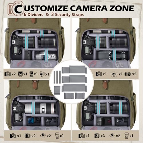 Image of RAINSMORE Camera Backpack, DSLR SLR Mirrorless Camera Bag for Photographer | 15.6 Inch Vintage Canvas Camera Case with Laptop Compartment & Tripod Holder & Rain Cover for Sony Canon Nikon Fujifilm Green