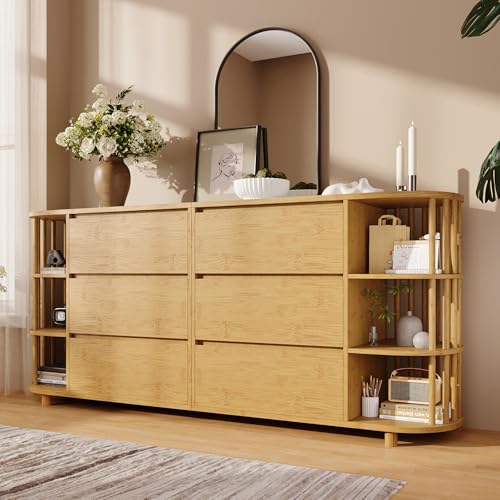 NNJN Cómoda aparador de 160 cm de roble, diseño romano con columnas y estantes de bambú, 6 cajones y estantes abiertos, patas ajustables en altura, 75 x 160 x 40 cm