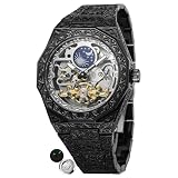 FORSINING Luxury Skeleton Mechanical Watches Moon Phase Retro Engraved Luminous Tourbillon Watch Stainless Steel Strap Independent Seconds Dial Automatic Men's Wristwatch