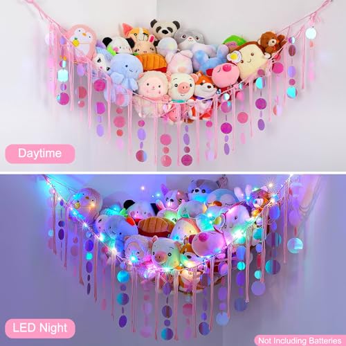Image of FIOBEE Stuffed Animals Hammock Net Toy Storage Organizer with LED Light, Stuffed Animals Storage Girls Room Decor Wall Hanging with Sequins for Kids Bedroom Nursery Playroom, Light Pink