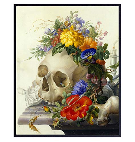 Vanitas Still Life - Skull Wall Decor - Skull Wall Art - Goth Wall Art - Gothic Decor - Gothic Living Room Decor - Floral Skull - Skull Flowers - 8x10 Poster Print Picture