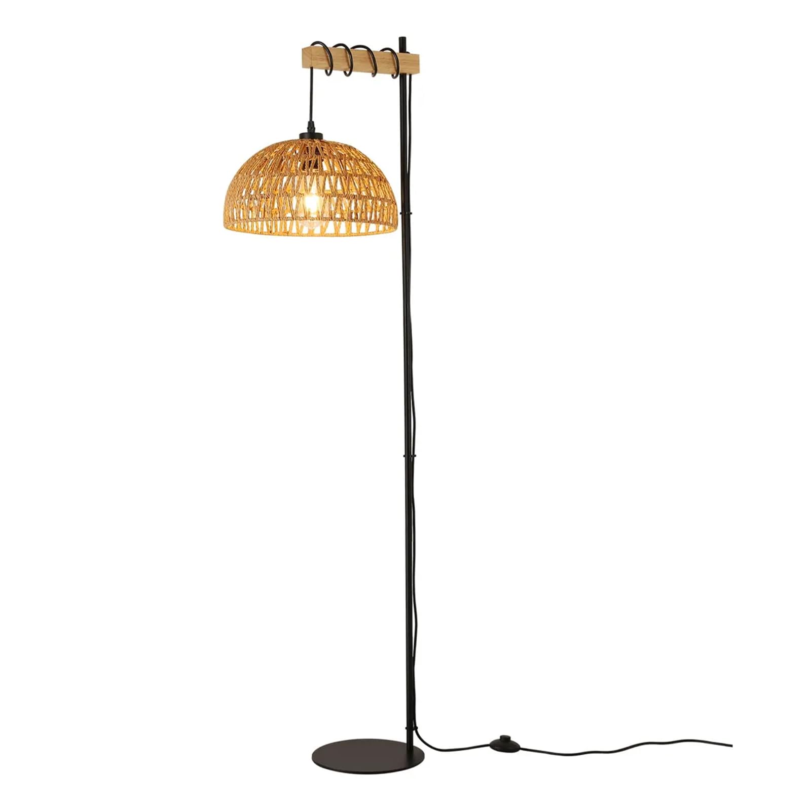 Alpinaluz Lámpara de Pie E27 Papel Trenzado Color Yute Base Negra | Pantalla artesanal Ø32 cm, soporte de madera e interruptor de pie para salón, dormitorio, lectura y ambiente boho