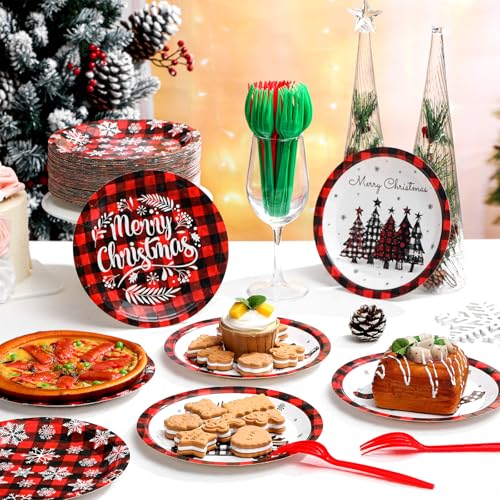 Image of Fourluoo 96 Pcs Red Buffalo Plaid Christmas Paper Plates Disposable Dinner Plates for Xmas Birthday Party Table Decor