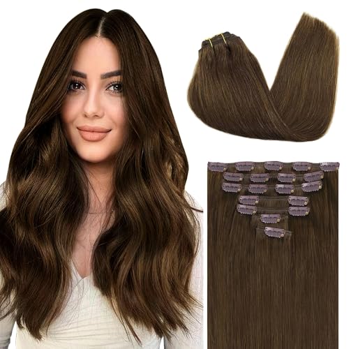 Image of GOO GOO Clip in Hair Extensions Real Human Hair, Remy Human Hair Extensions Clip ins for Women, Natural Human Hair, 14inch 120g 7Pcs, 4A Chocolate Brown
