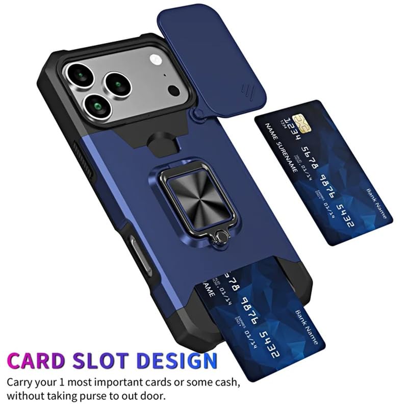 Image of LuxuryKase Shockproof Armor Case for iPhone 17 Pro | Slide Camera Cover | Hidden Card Slot | Rotating Ring Kickstand | Magnetic Car Mount Support | Military Grade Protection - Blue
