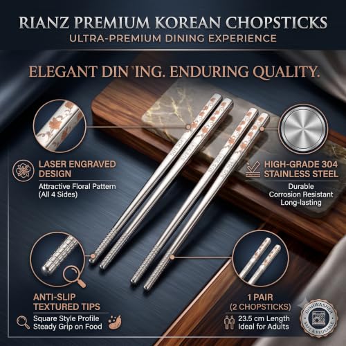 Image of RIANZ 304 Stainless Steel Korean Chopsticks 23.5 cm, Laser Engraved, 1 Pair (Style 2)