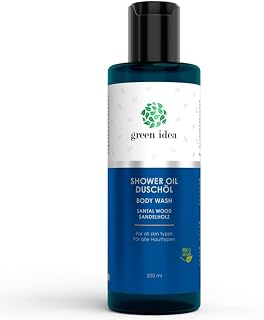 Green Idea Shower Oil Natural Cosmetics VEGAN with Grape Seed Oil and Almond Oil - Shower Gel for Dry Skin - SLES-Free, 200ml (Sandalwood)