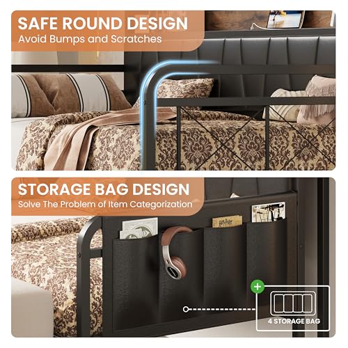 Image of LIKIMIO Twin Daybed, Day Bed with Trundle, Storage Upholstered Headboard and Charging Station, Trundle Bed with Strong Supports for Living Room, Bedroom, and Guest Room, Black