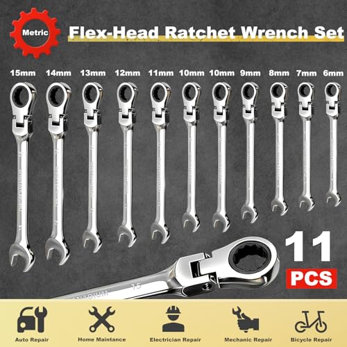 Image of Egofine Flex Head Ratcheting Wrench Set 11 Piece, Metric Wrench Set, CR-V Steel 6-15mm Wrench, 72-Teeth Combination wrench set, Chrome plated Ratchet Wrenches Set with Tool Roll Bag