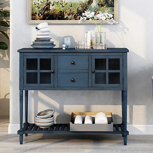 P Purlove Console Table Buffet Table Sideboard Cabinet Table Rustic Buffet Cabinet With Two Storage Drawers Two Cabinets And Bottom Shelf For Living Room And Entryway，Antique Navy #TOP7