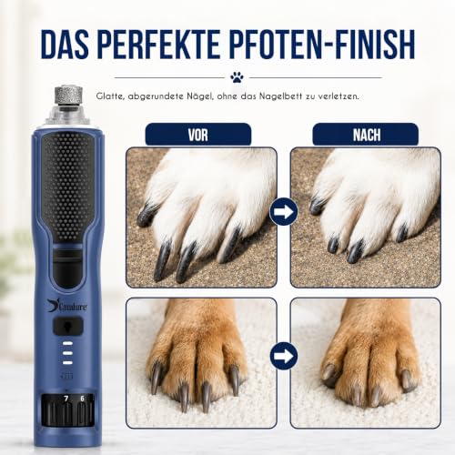 Candure Krallenschleifer für Hunde bis zu 7-Gang Hundepfoten Trimmer, Geräuscharmer Wiederaufladbarer Haustier Krallenschleifer mit 360° LED-Lichtern (Marineblau, Für alle Haustiergrößen)