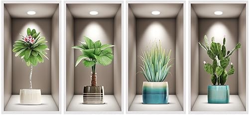 Miniatura 7 de iMagitek Paquete de 4 calcomanías de pared 3D de plantas verdes 3D, calcomanías de pared de cactus 3D botánicos para fondo de sofá, dormitorio, sala