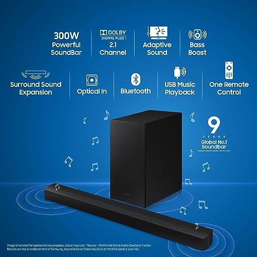 Image of Samsung Soundbar (HW-C45E /XL) 2.1 Channel, 300W, Dolby Digital, 3 Speakers, Wireless Subwoofer, Bluetooth Enabled and DTS Virtual X Experience Sound (Black)