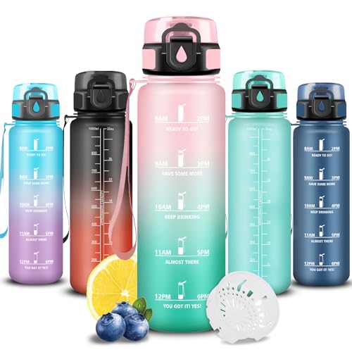 Grsta Borraccia Palestra, Borraccia 1 litro, Boraccia Senza Perdite, Facile da Pulire, Boraccia Motivazionale, Facile da Trasportare, Bottiglia Orari, Bottiglia per Campeggio, Viaggio, Fitness