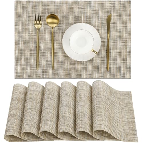 SHACOS Placemats Set of 6 Woven Vinyl Place Mats Wipeable Heat Resistant Stain Resistant Table Mats Indoor Outdoor, Beige