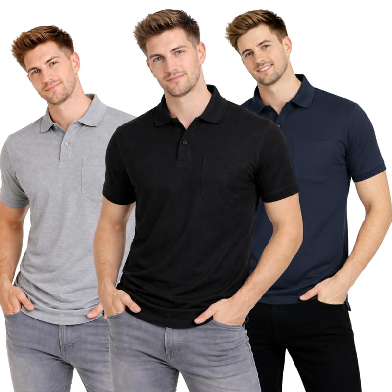 Image of SMAN Polo Neck T-Shirt Pack of 3 for Men & Boys | Half Sleeve Collar Tee with Pocket | Premium Spun Matty Fabric | Casual & Office Wear | Sizes M to 2XL | FX PO3 MCR BLK NVY