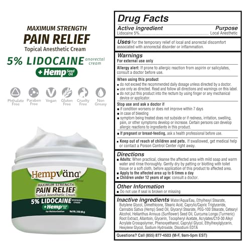 Hempvana 5% Lidocaine Relief Cream, Maximum Strength, AS-SEEN-ON-TV, Strong Cream, Numbs Irritated Nerves for Fast Anorectal Relief, Non-Greasy, Targeted Long-Lasting Relief. Enriched with Hemp, 3 Oz - Image 3
