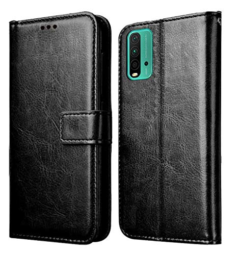 Image of Inside Rubber TPU with Card Pockets Magnetic Closure Protection Compatible with Xiaomi Redmi 9 Power (Black)