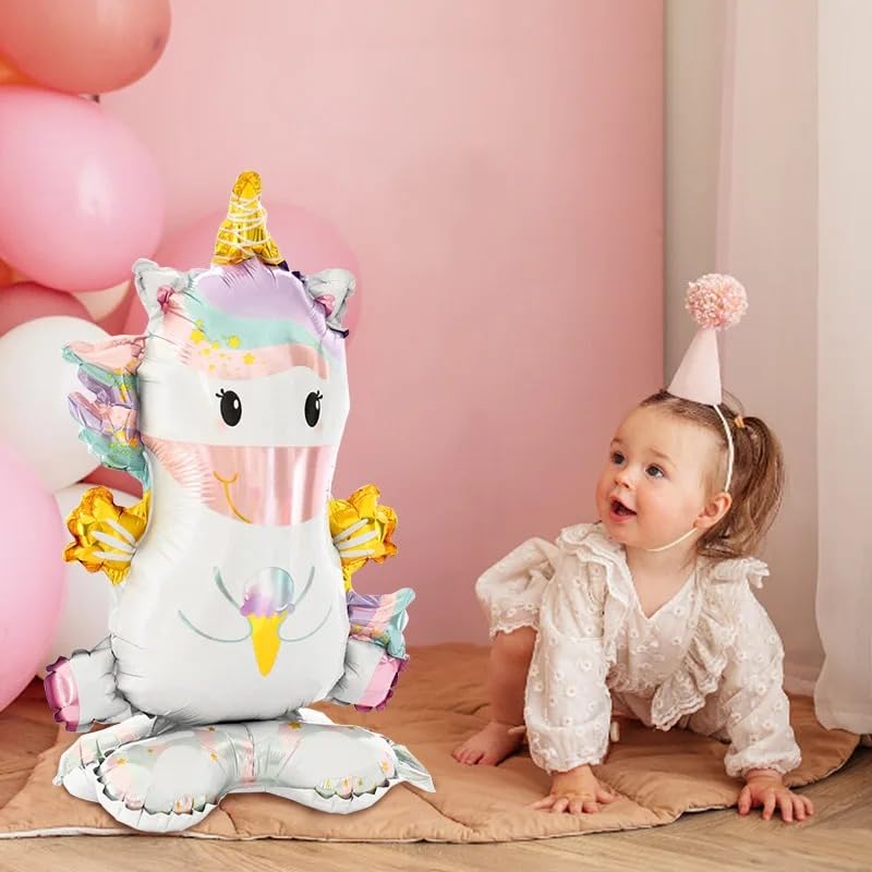 Image of AMFIN (Pack of 2) 3D Self Standing Unicorn Foil Balloon, Pastel Birthday Decoration - Pink & Purple