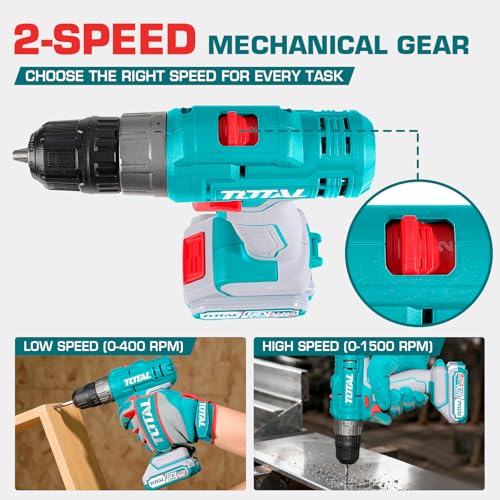 Image of TOTAL 12V Cordless Drill Machine, 25Nm, 2 x 1.5Ah Batteries, 10mm Chuck | 15+1 Torque Settings, 2-Speed Control Up to 1500RPM, Reverse Function, LED Work Light and Carrying Case Included
