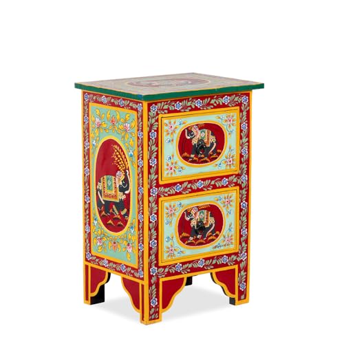 Image of Wooden Bedside Table for Bedroom with Drawer | Solid Wood Handcrafted Bed Side Table with 2 Drawers | Side Table for Living Room | Decorative Chest of Drawer for Home Decor (Multicolour-BS3)
